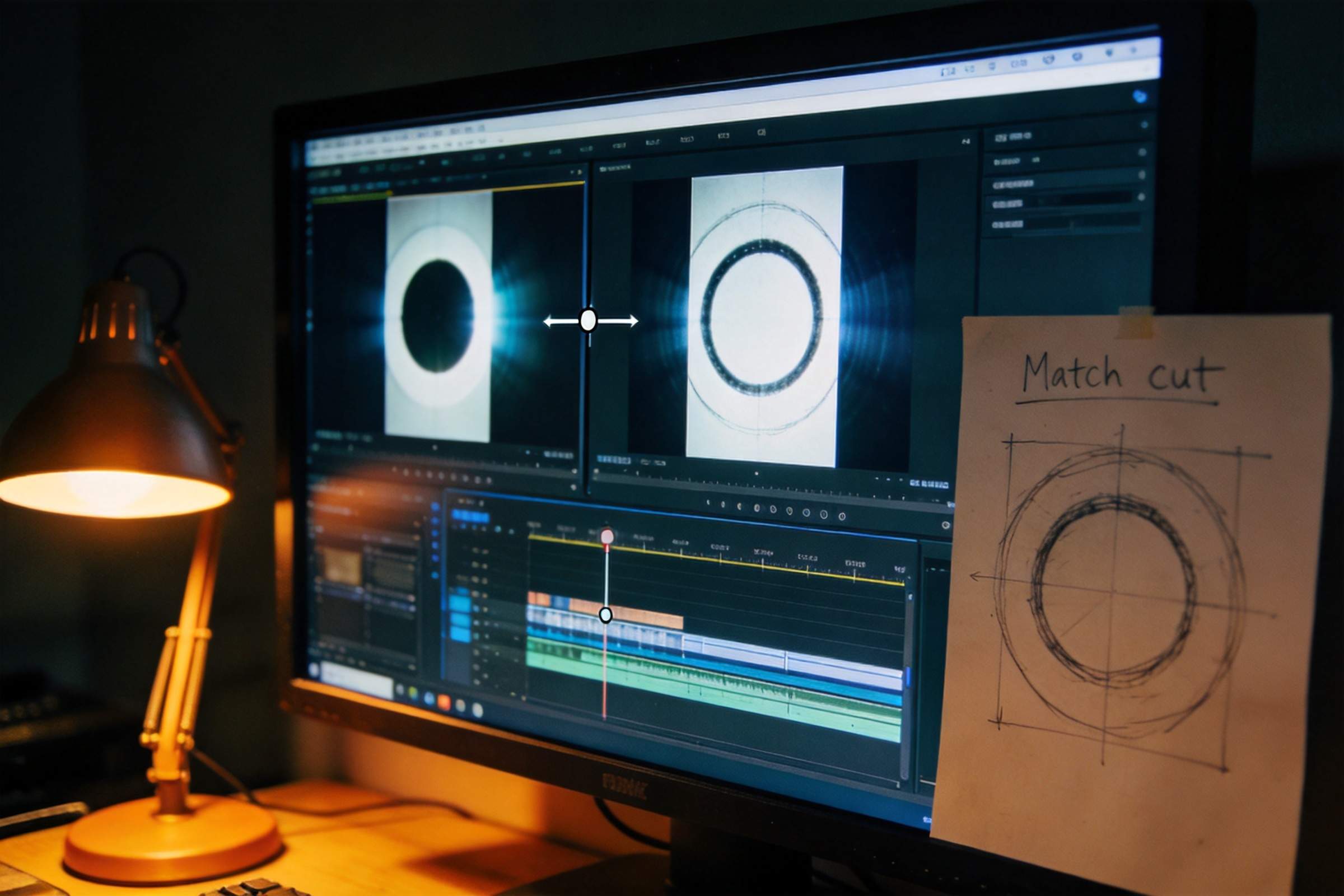 Video editing timeline with two matching circle shots and a hand-drawn match cut sketch