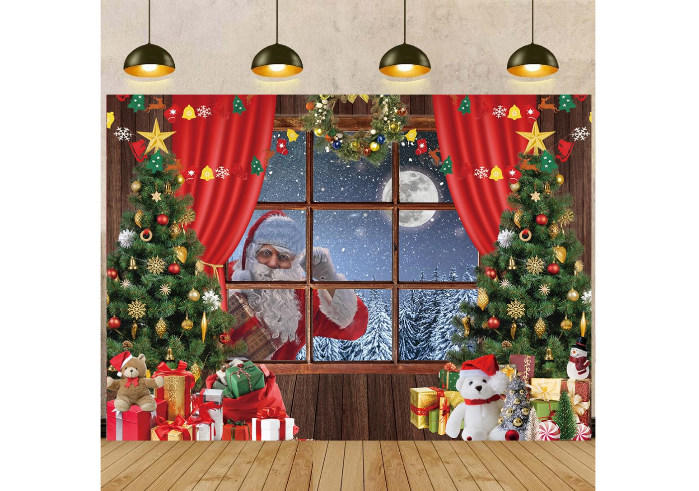 Christmas background with tree, gifts, lights, and Santa