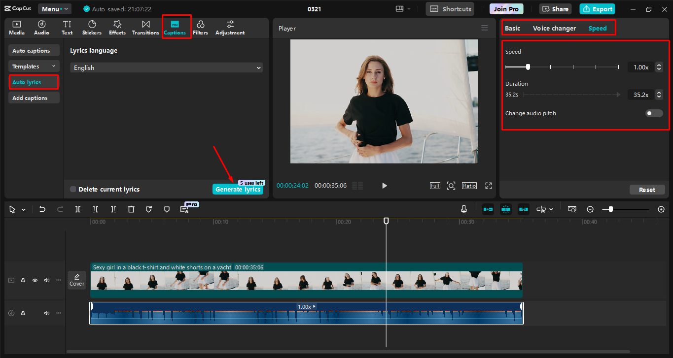 Menambahkan dan menyempurnakan rap dalam video menggunakan CapCut editor video desktop