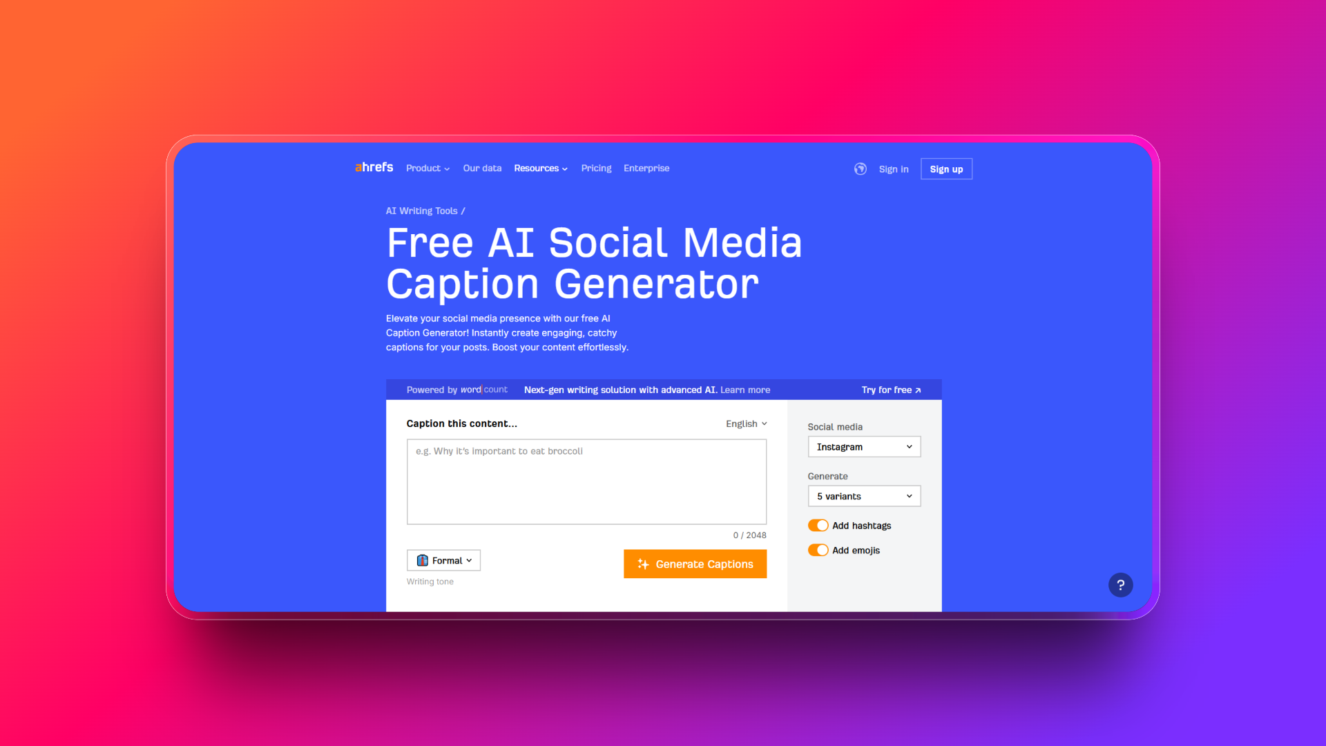 Social media caption generator by Ahrefs