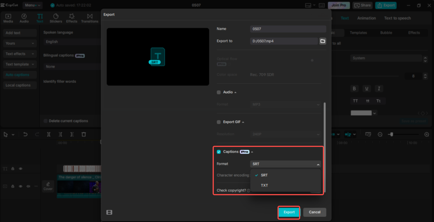 Exporting as an SRT/TXT file in CapCut