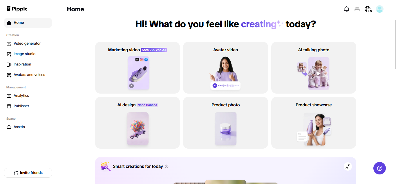 Pippit main dashboard