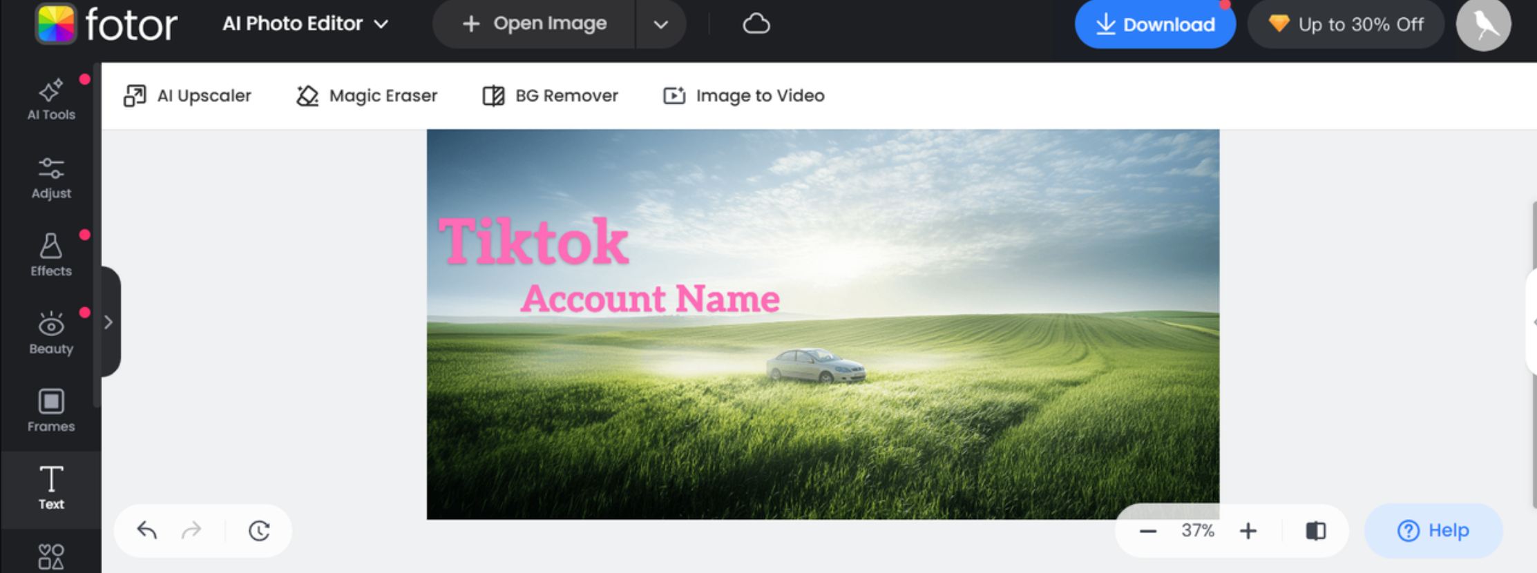 Schnittstelle von Fotor - dem Online-Tool zum Schreiben von Text über ein Bild