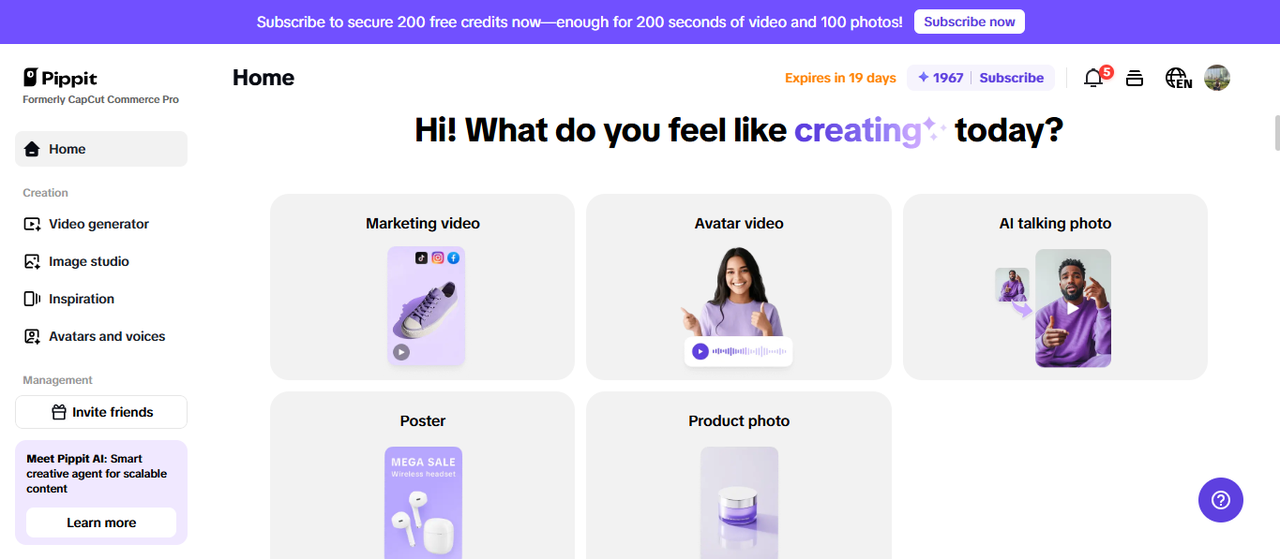 Pippit's AI animation drawing creator homepage