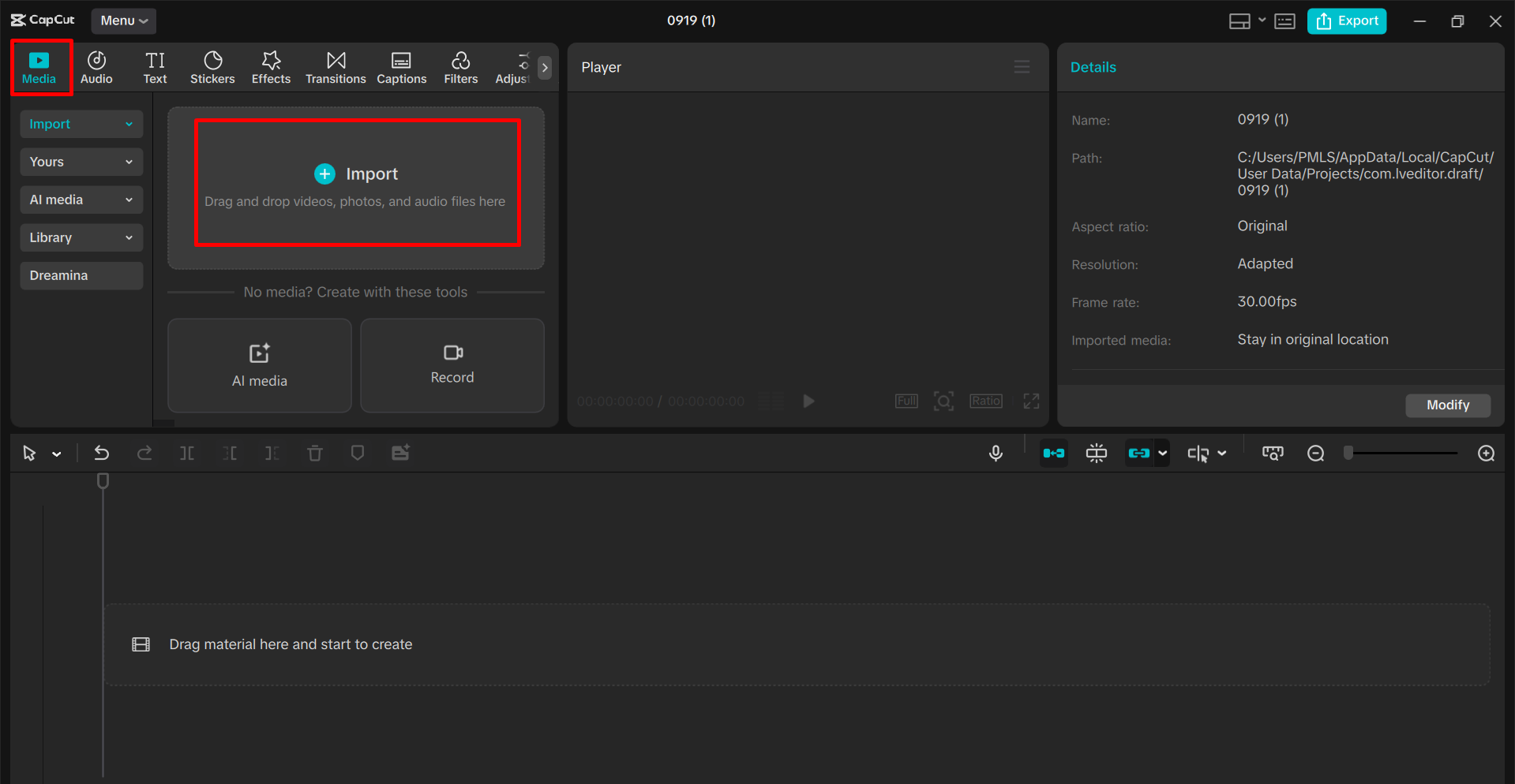 Importing video in the CapCut desktop video editor