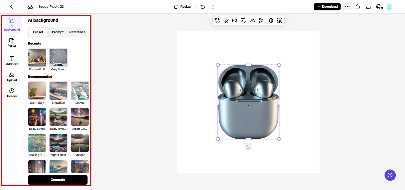 Creating clean product images in Pippit