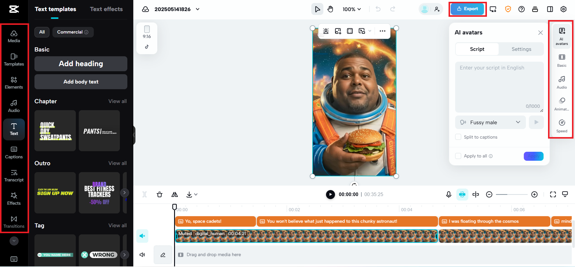 Layar edit lebih lanjut dan pilihan ekspor