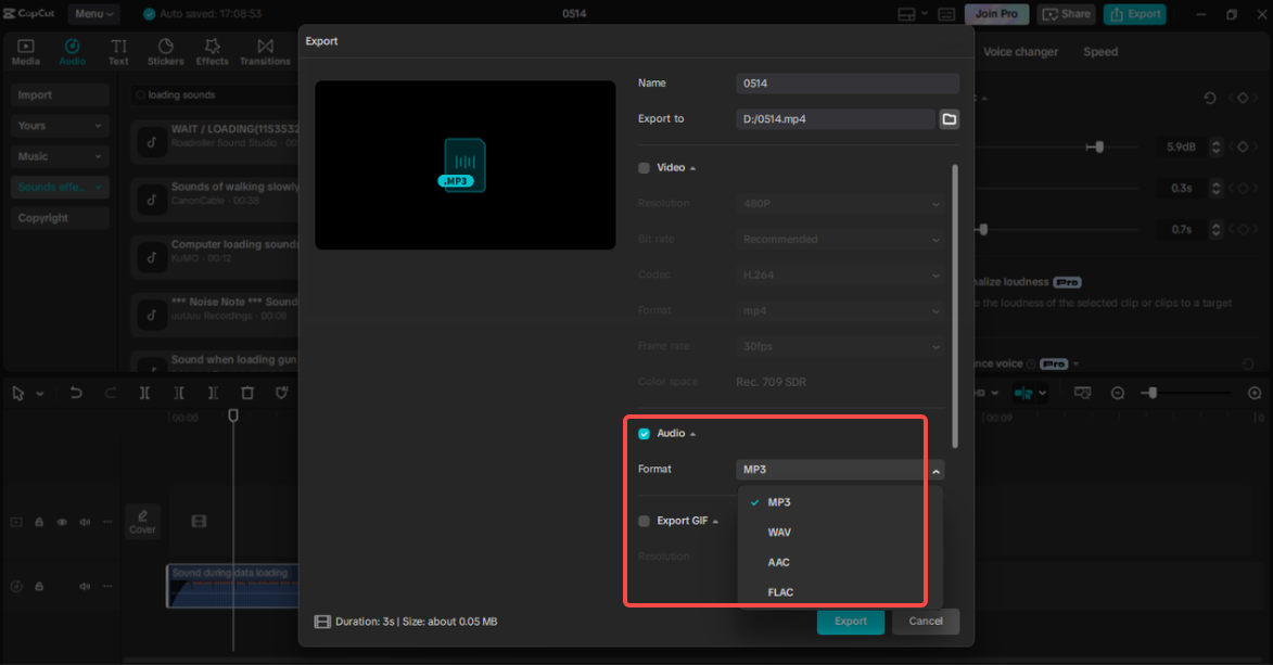 Exporting the loading sound effect in CapCut