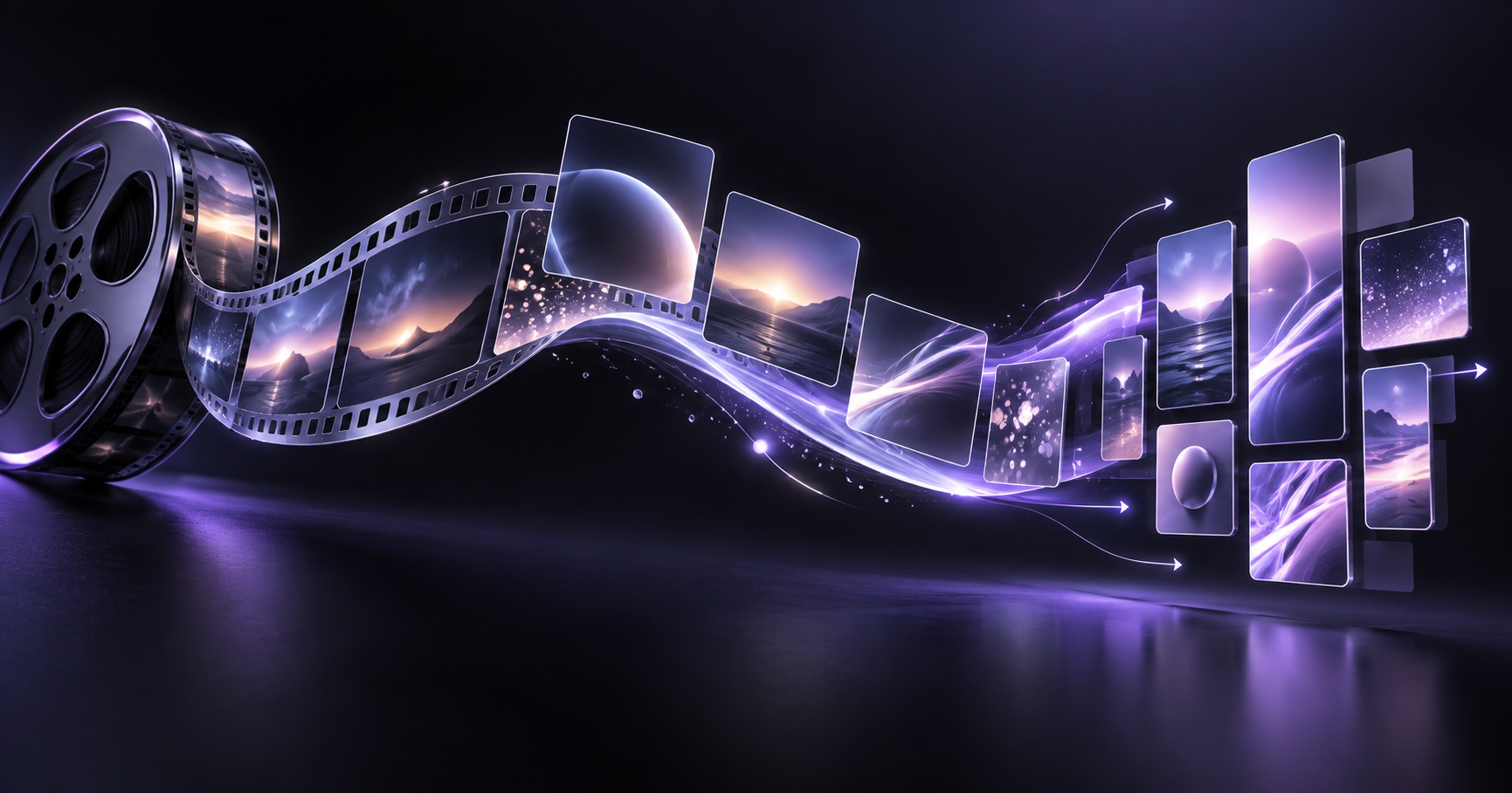 A cinematic AI video storyboard beside a marketing content workflow for a Flow AI guide