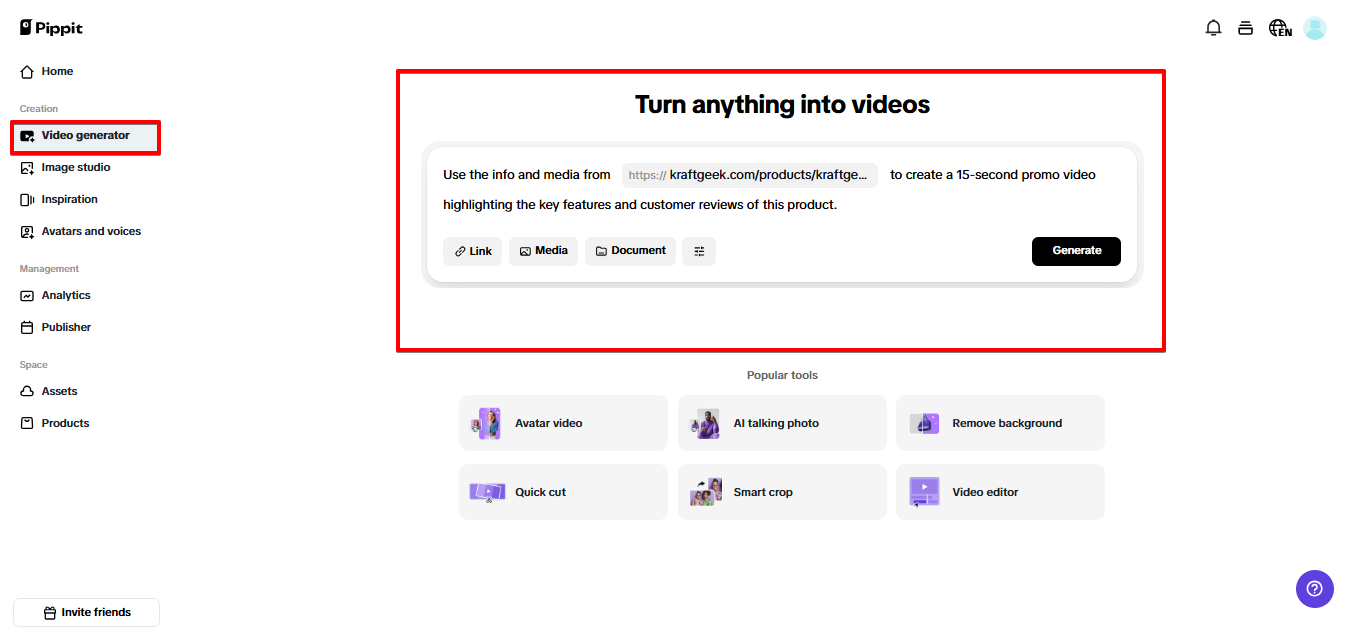 Opening video generator in Pippit