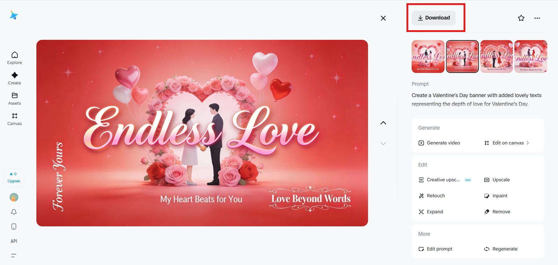 Downloading a high-resolution valentine day banner from Dreamina