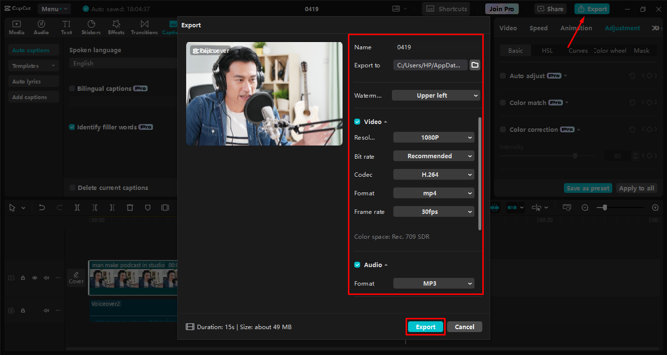 Экспорт видео из настольного видеоредактора CapCut