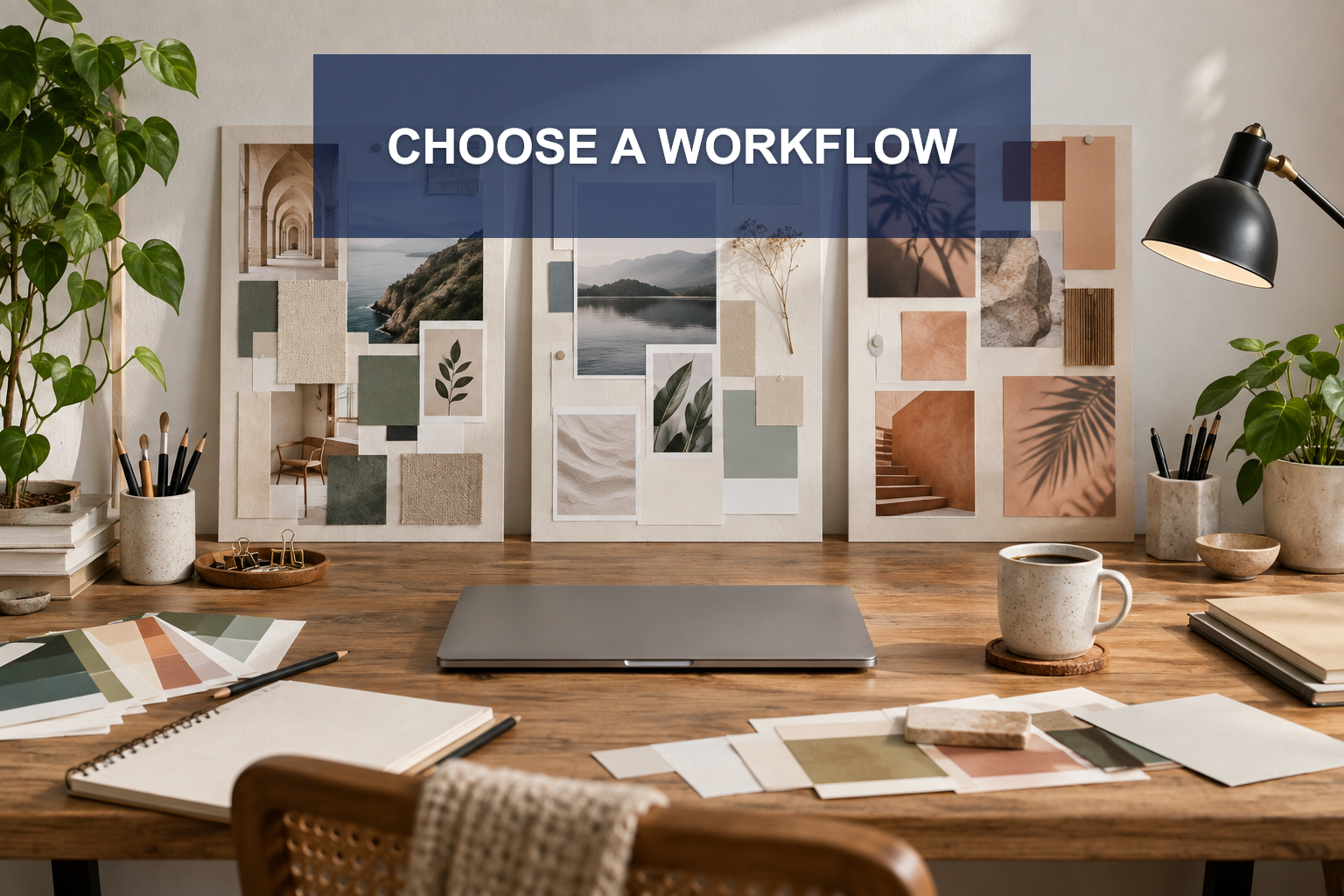Workflow map connecting a text brief reference board and review notes