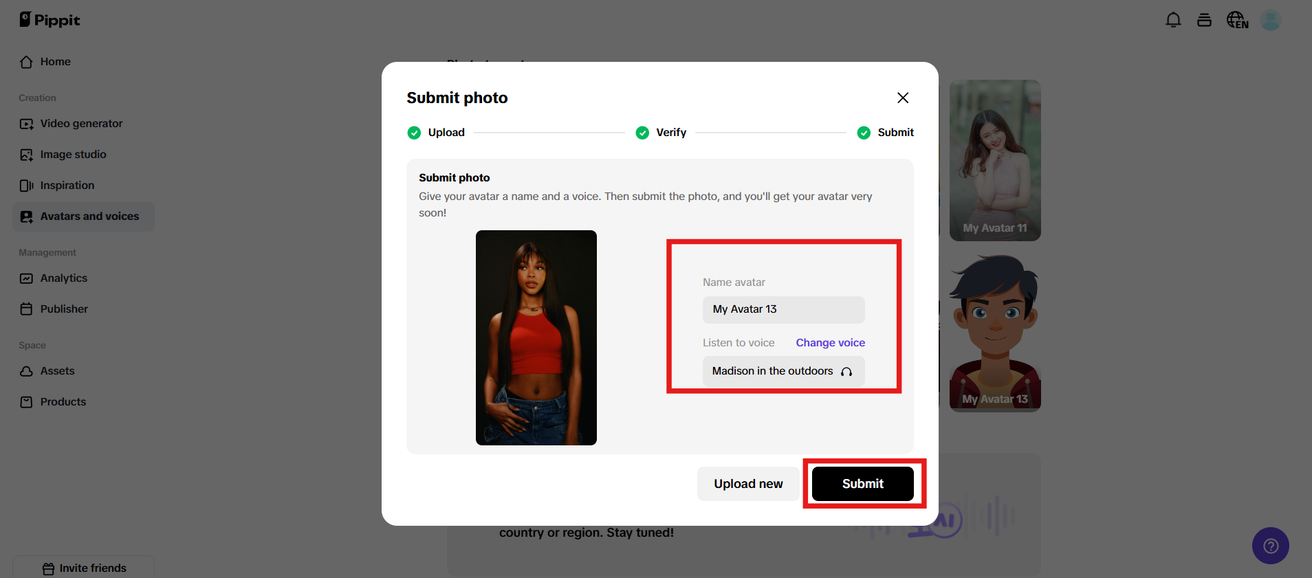 Choose name, voiceover and submit