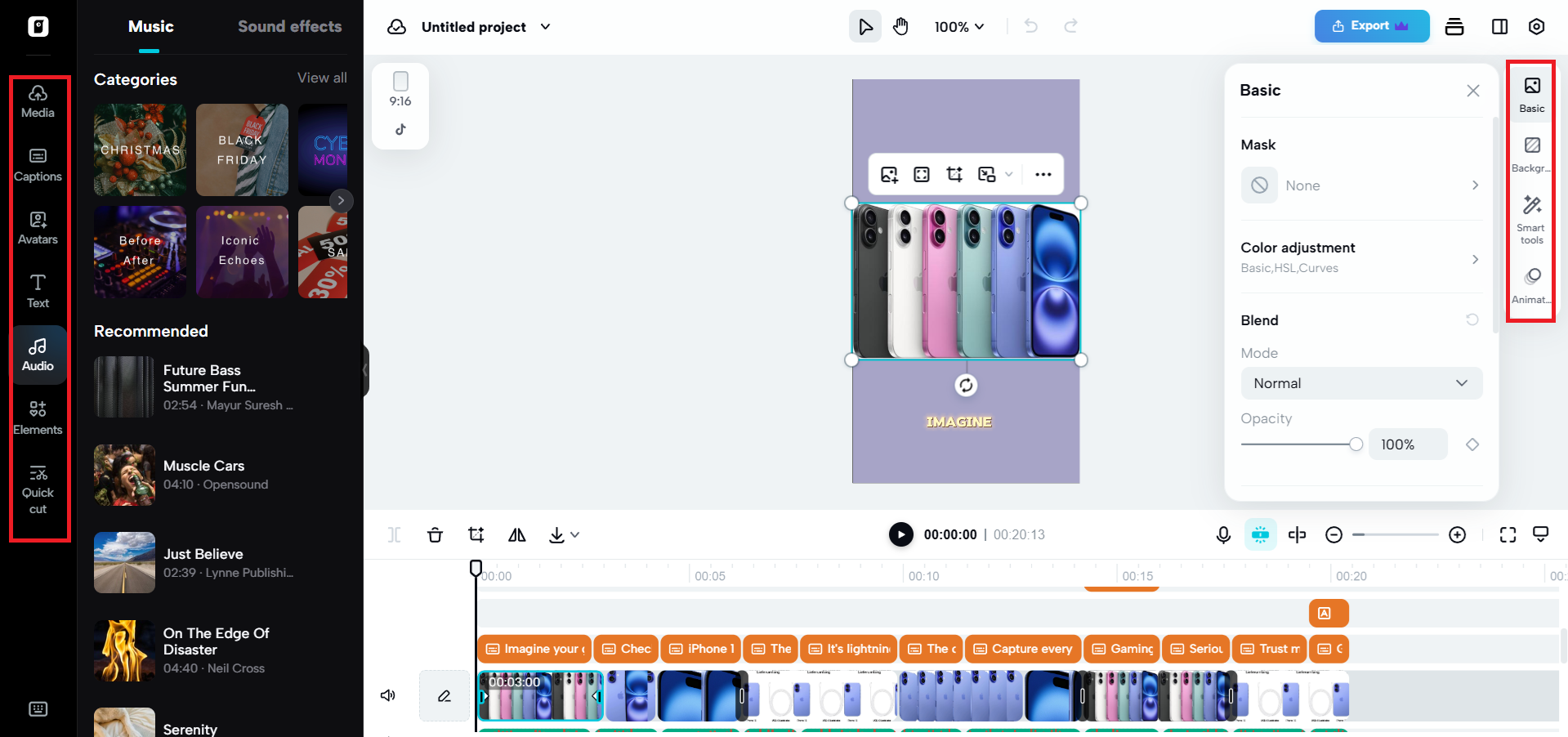 Editing options on either side of canvas