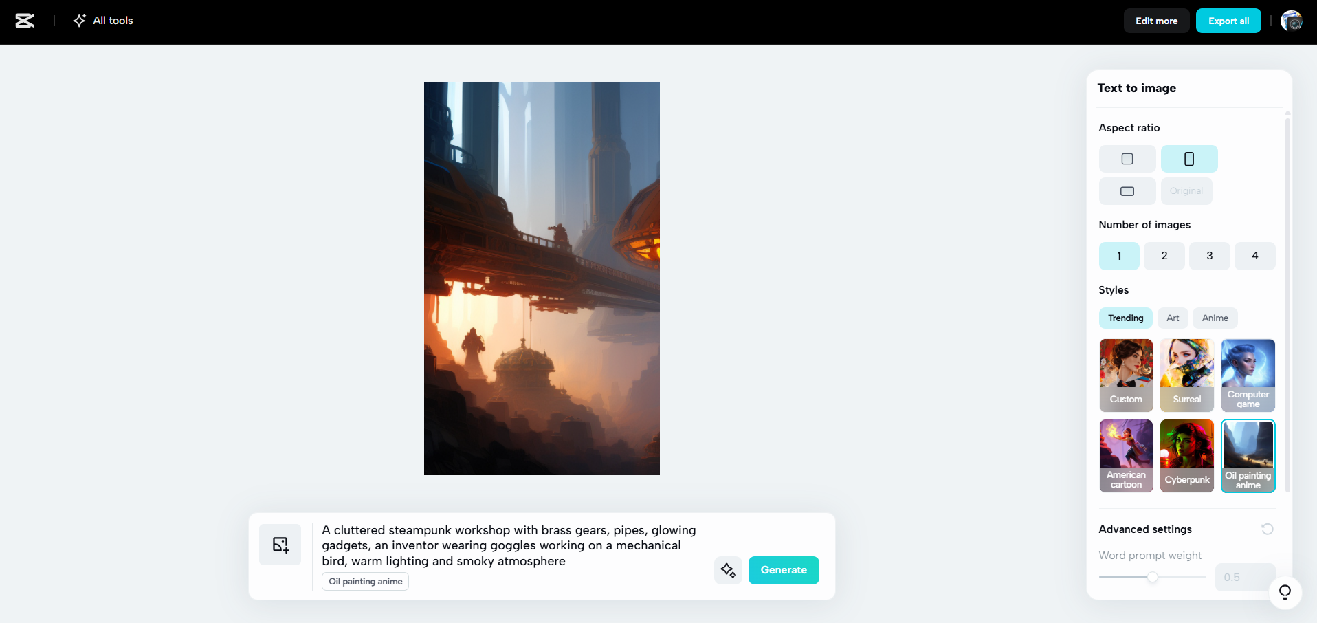 Interface of CapCut Web - a user-friendly way to generate images with AI