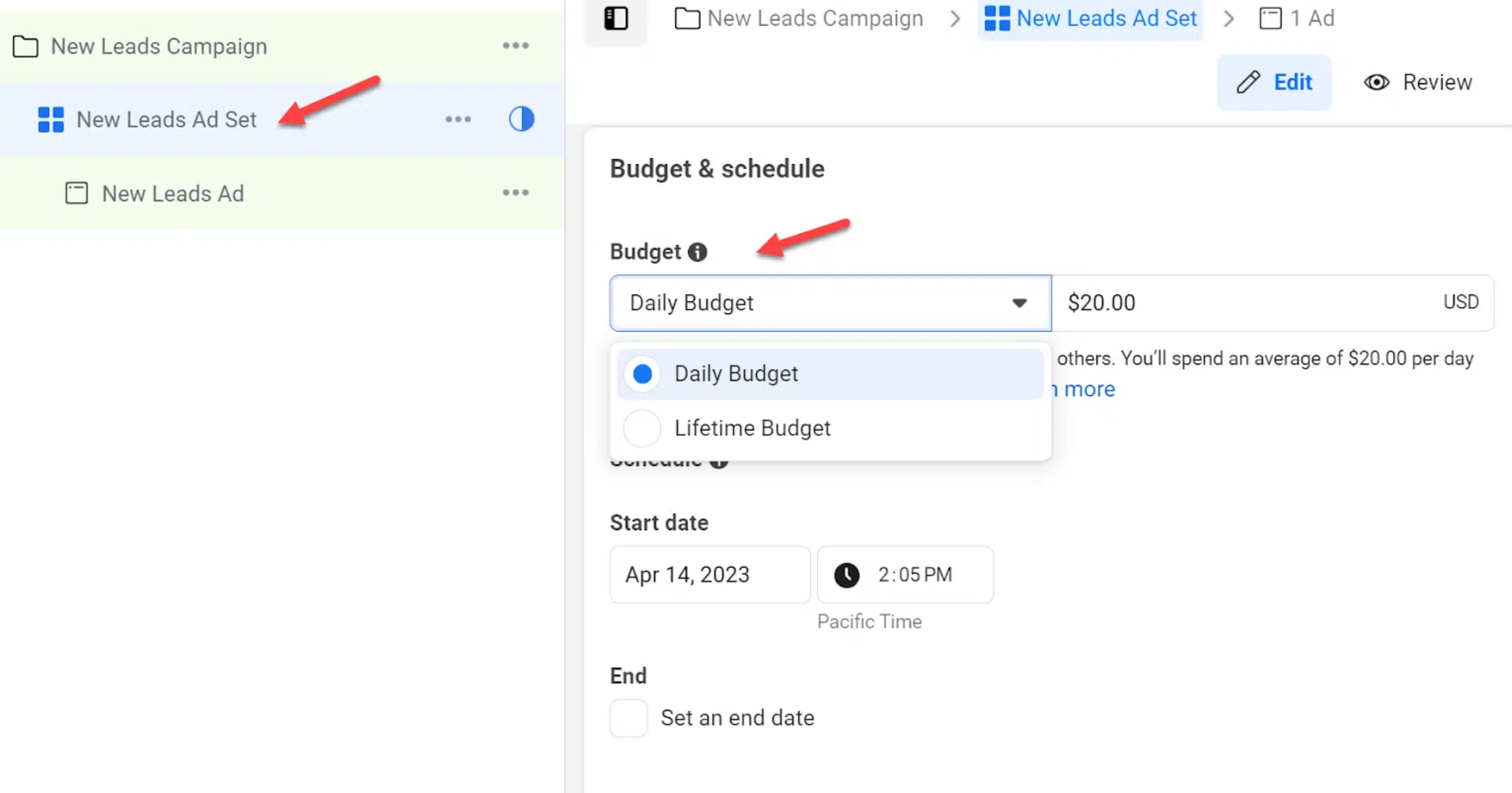 Budget and schedule settings