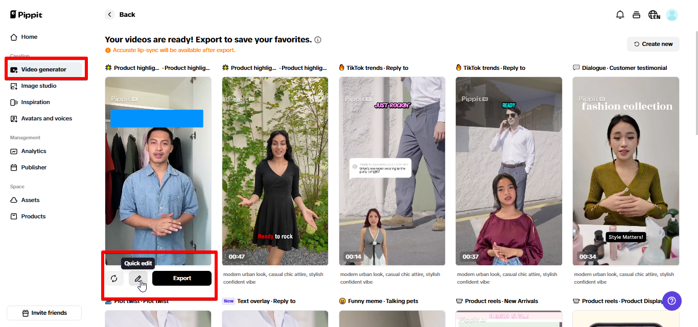 Exportando vídeo do Pippit