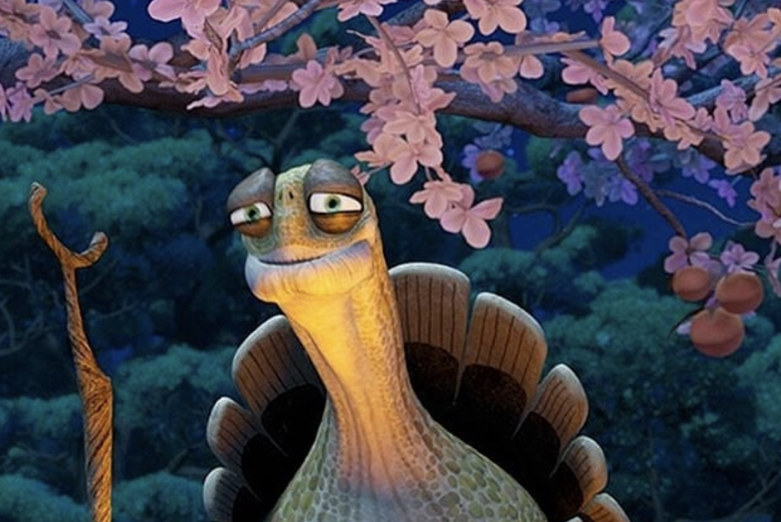 Wise turtle master meditating under a peach tree, inspired by Kung Fu Panda