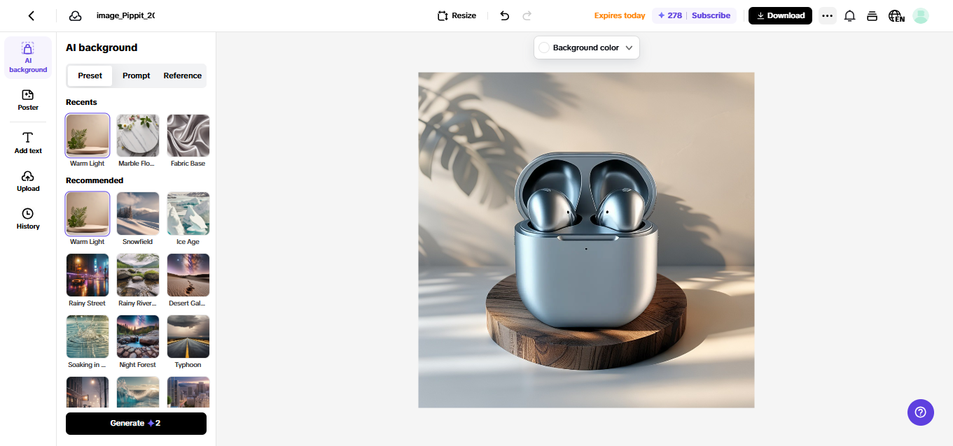 Creating product photo in Pippit