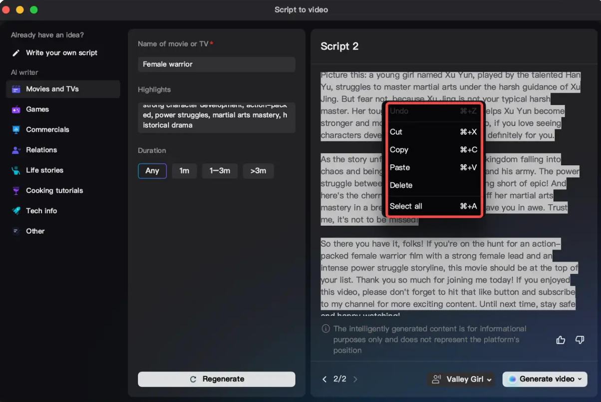 Editing AI-generated script in CapCut PC — script to video generator AI