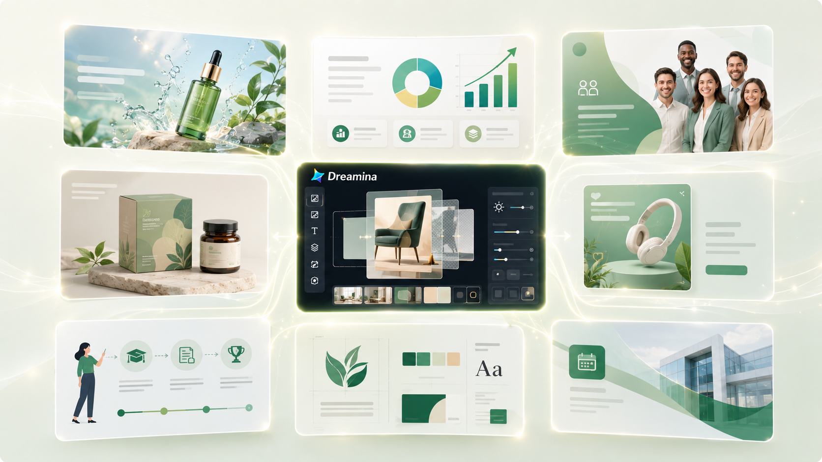 Most recommended AI image generator for business use - Dreamina concept featuring multi-department visual applications from marketing to internal communications