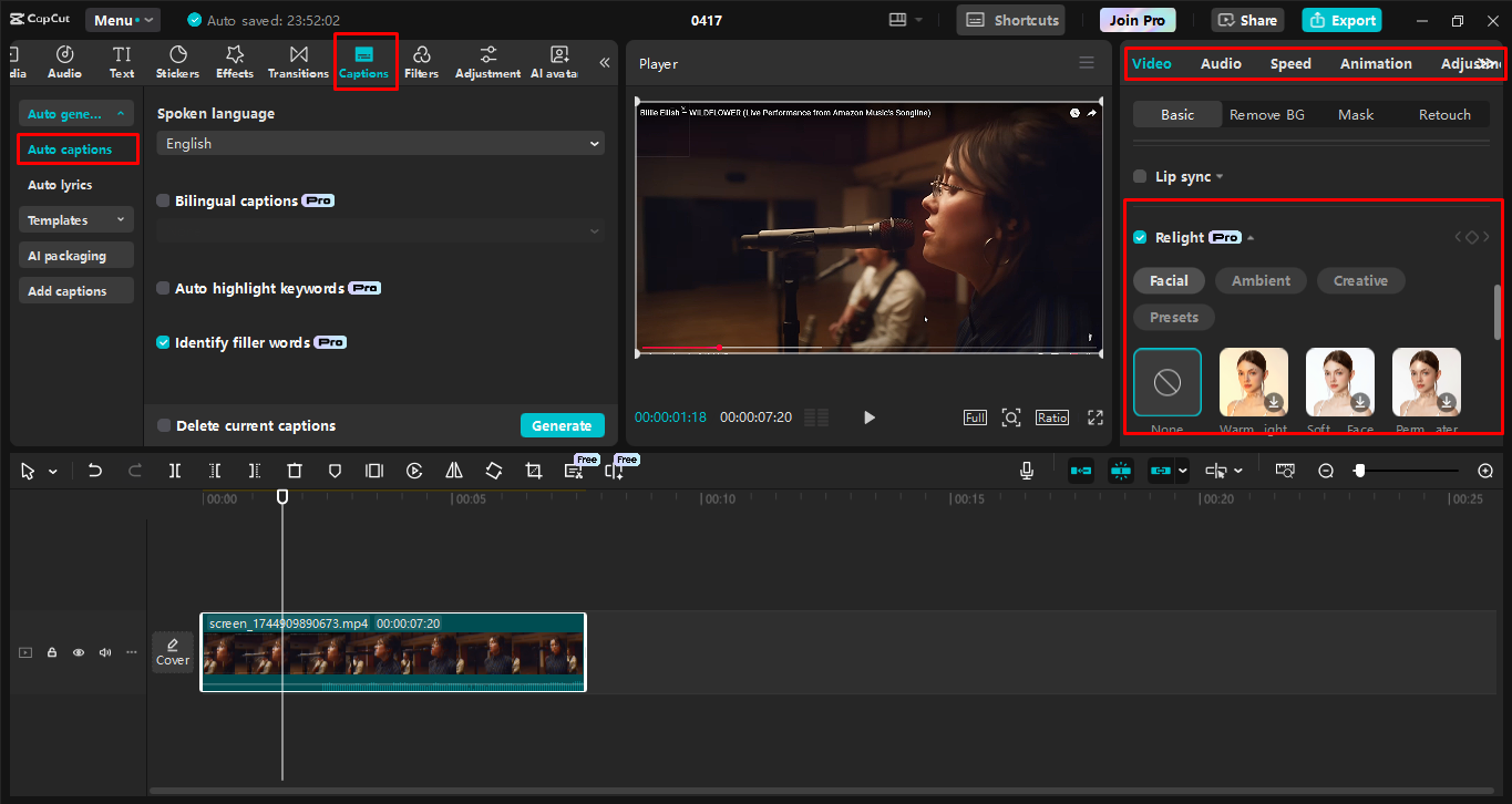 Meningkatkan visual dan audio dalam editor video desktop CapCut