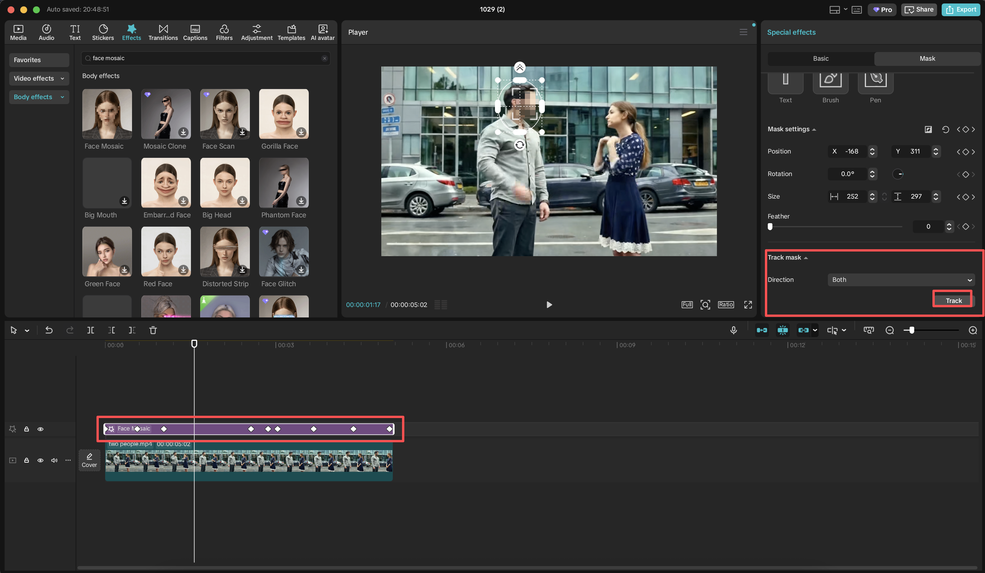 animate the mask to track the face