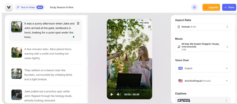 Interafce of Veed.io - an efficient and free online AI text to video generator