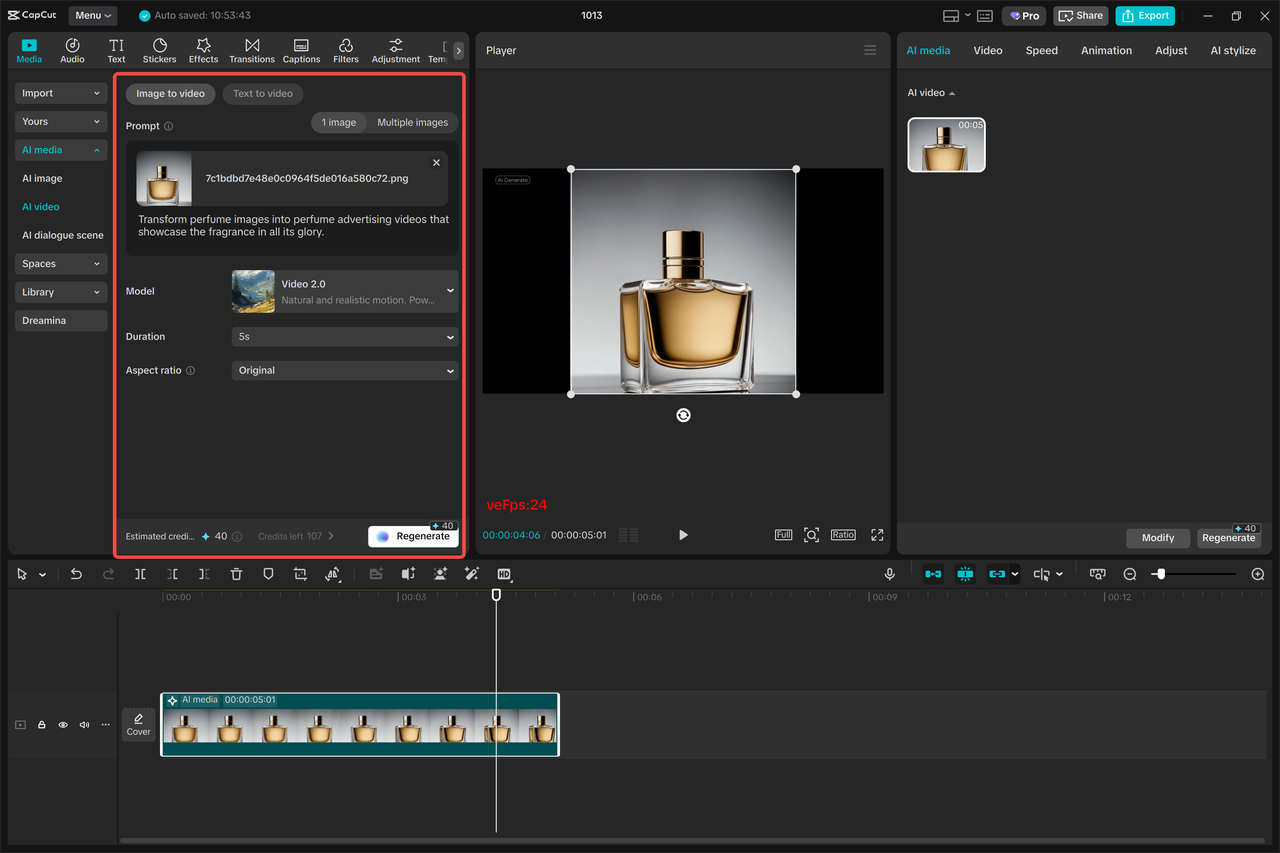 Converting an image to video in the CapCut desktop video editor
