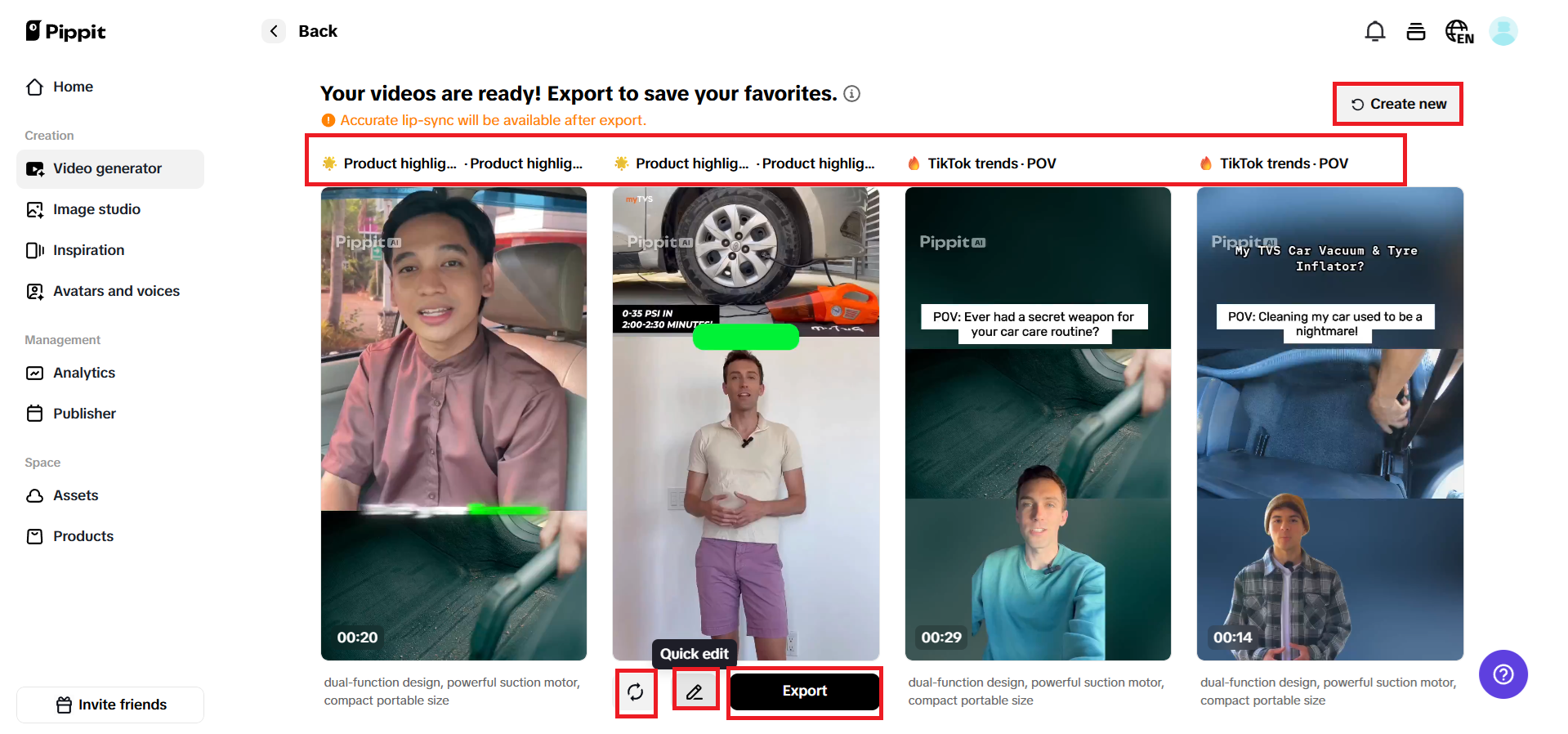Opções de edição rápida