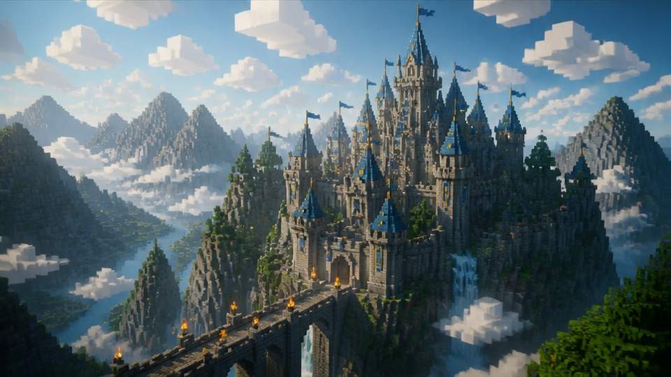 Trending Minecraft AI Photo Prompts — a detailed block-world landscape at golden hour