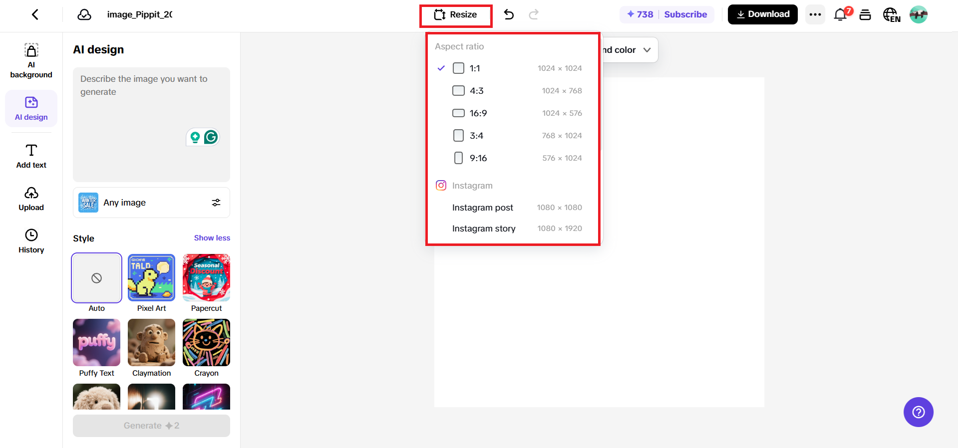 Click on the Resize option on Pippit