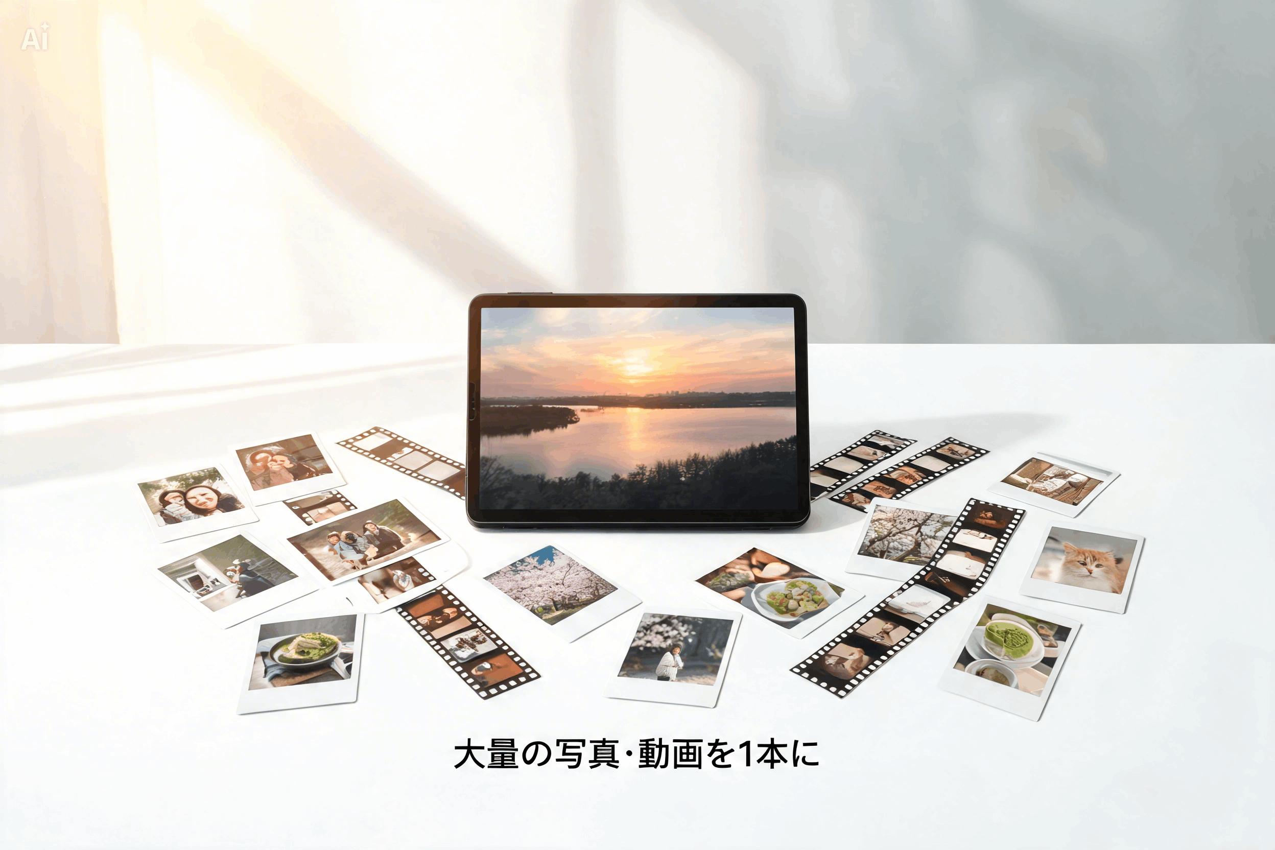 AI自動編集や画像から動画化の流れを表現したバナー
