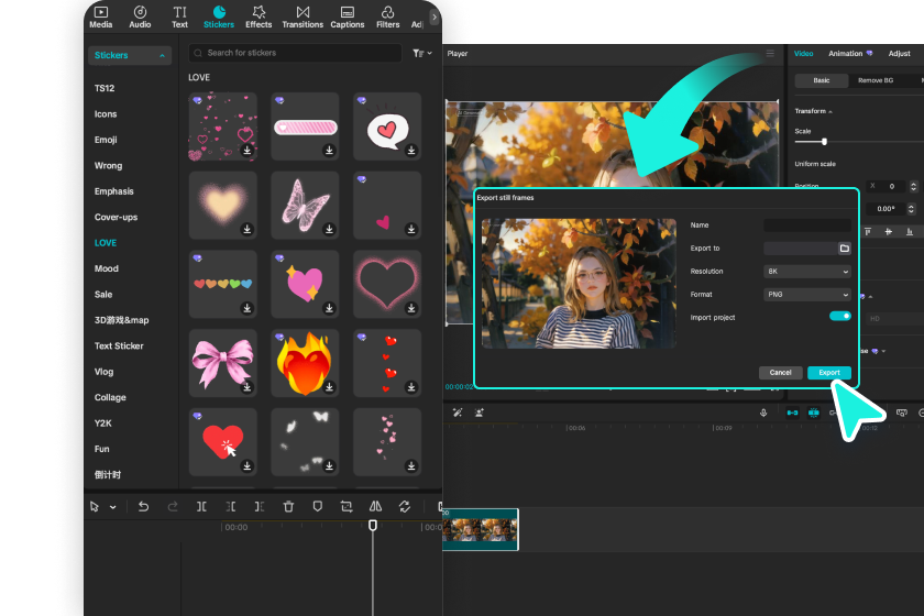 Настройте и загрузите изображение мультфильма из CapCut