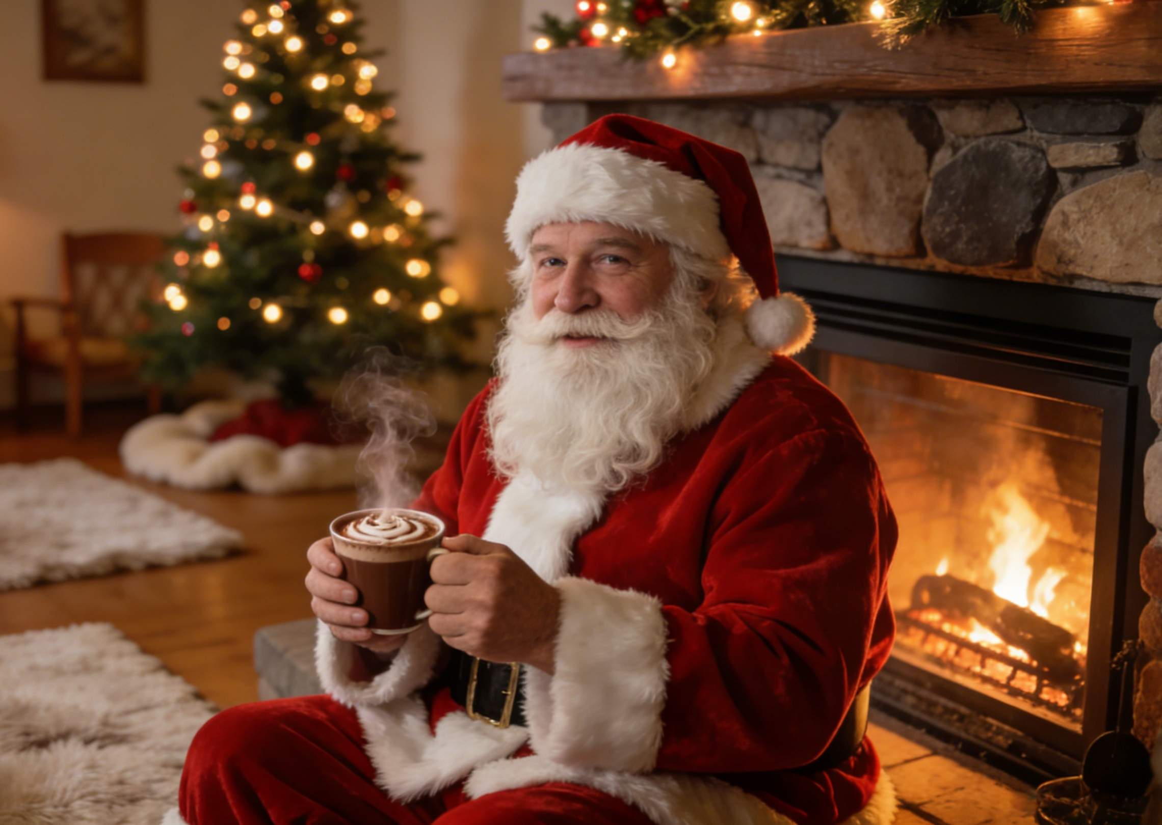 Babbo Natale legge le lettere dei bambini alla sua scrivania di legno