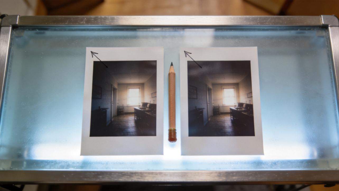 Two identical printed room photos with a pencil placed between them