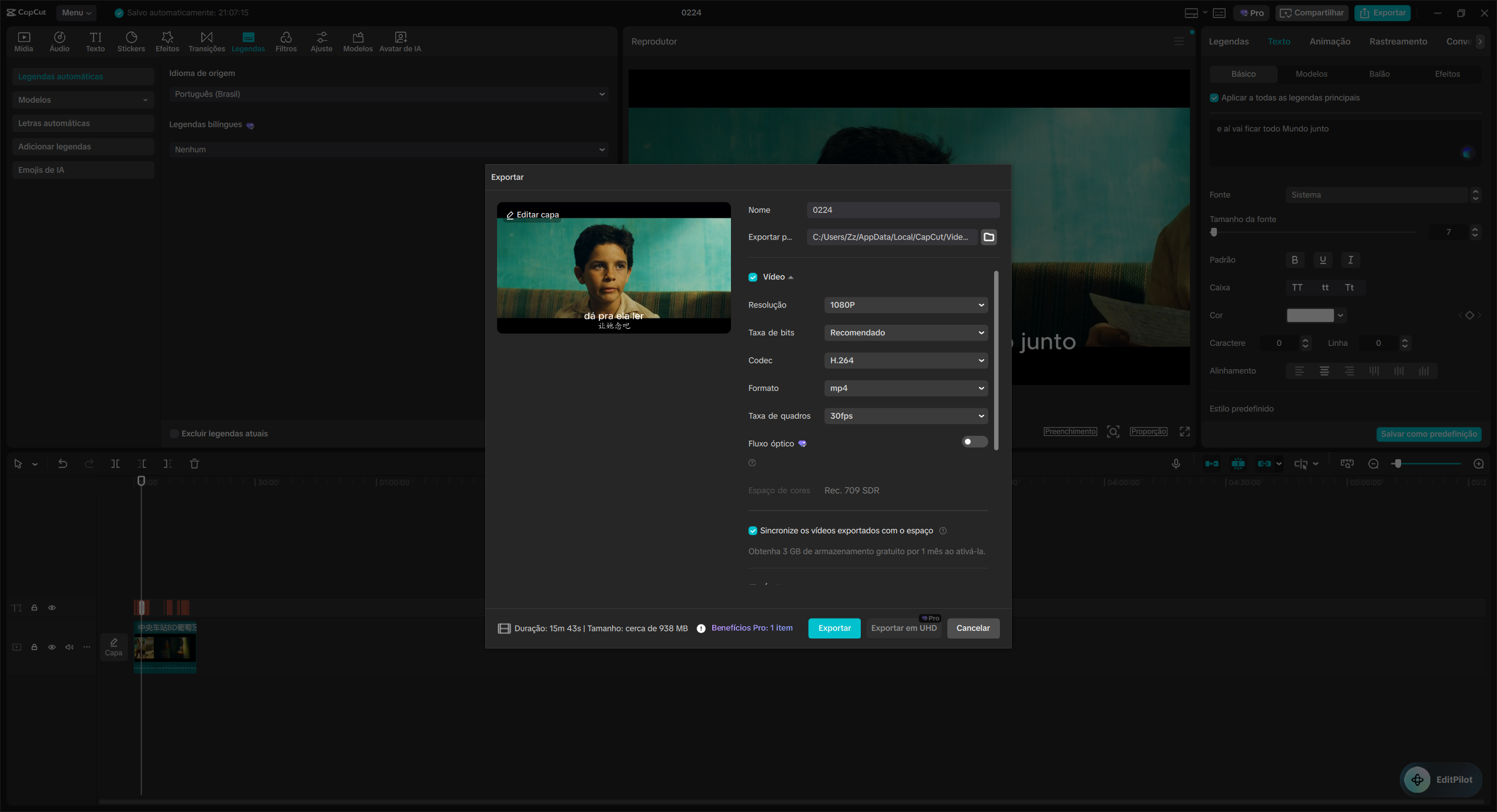 exportando vídeo com legendas