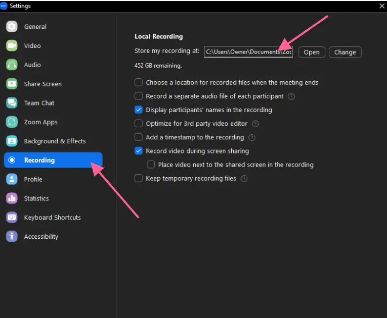 Adjusting the settings of video recording in Zoom