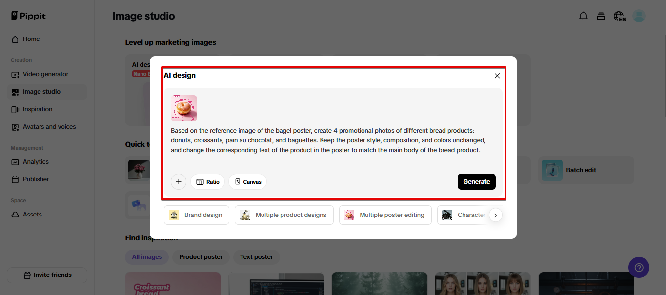 Criando pôster ou imagem de produto com Pippit