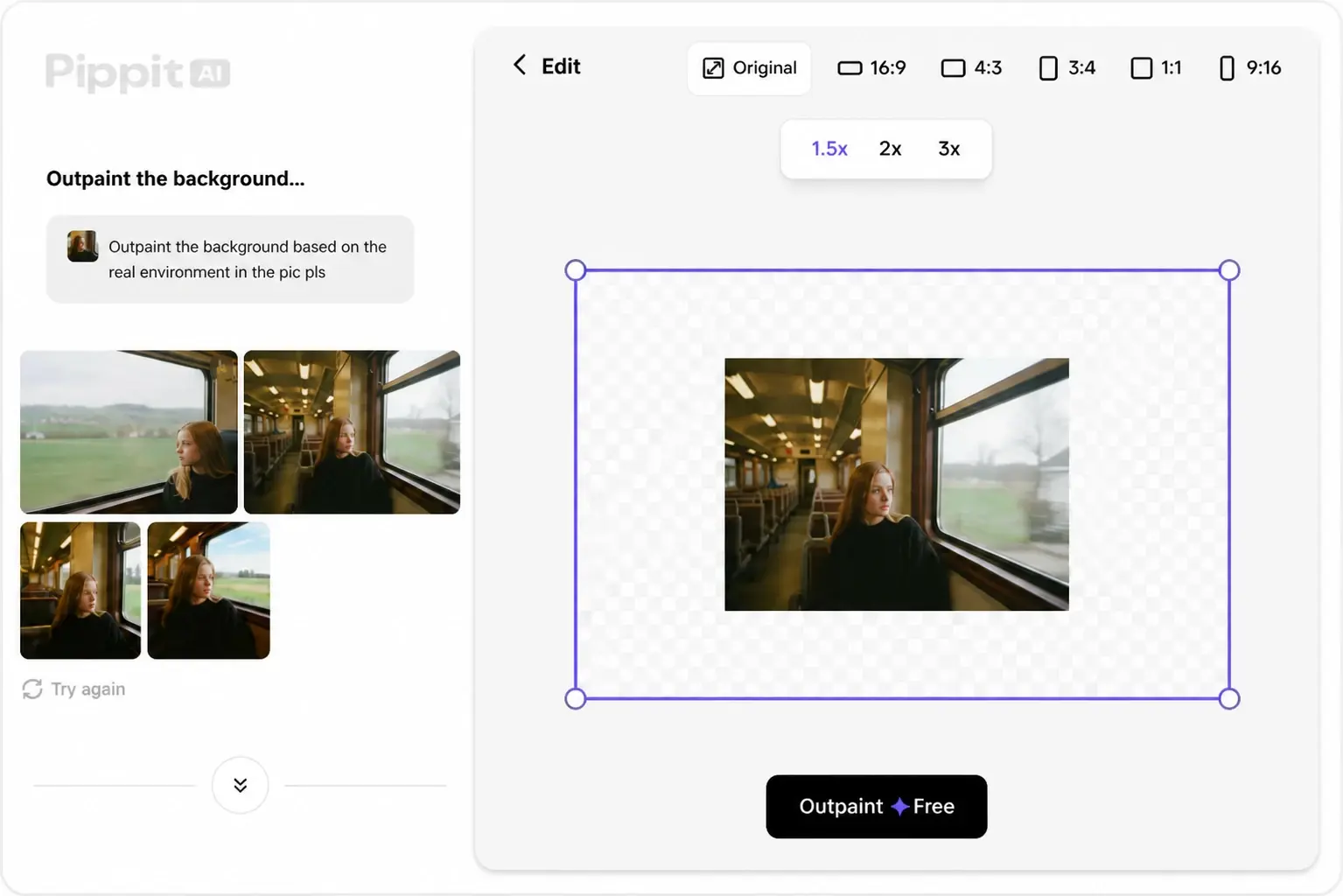 AI editing interface showing outpainted train-window photo variations and a selected image on a canvas