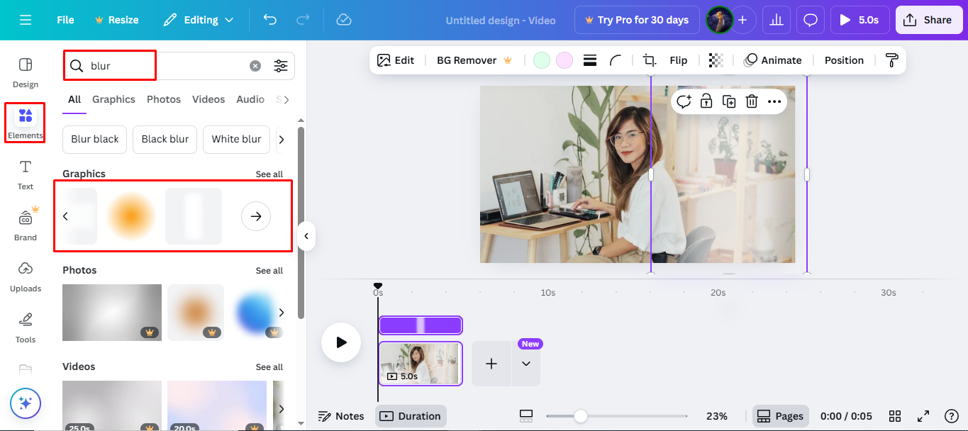 Applying overlay from elements to blur background n Canva