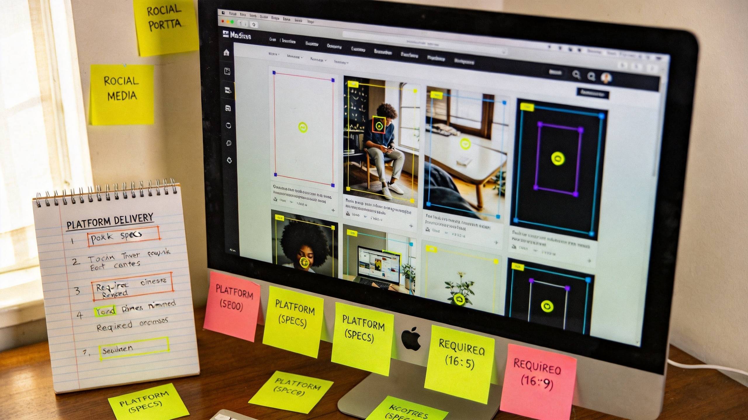 Desktop monitor showing a social media design grid with sticky notes labeled platform specs and required aspect ratios.