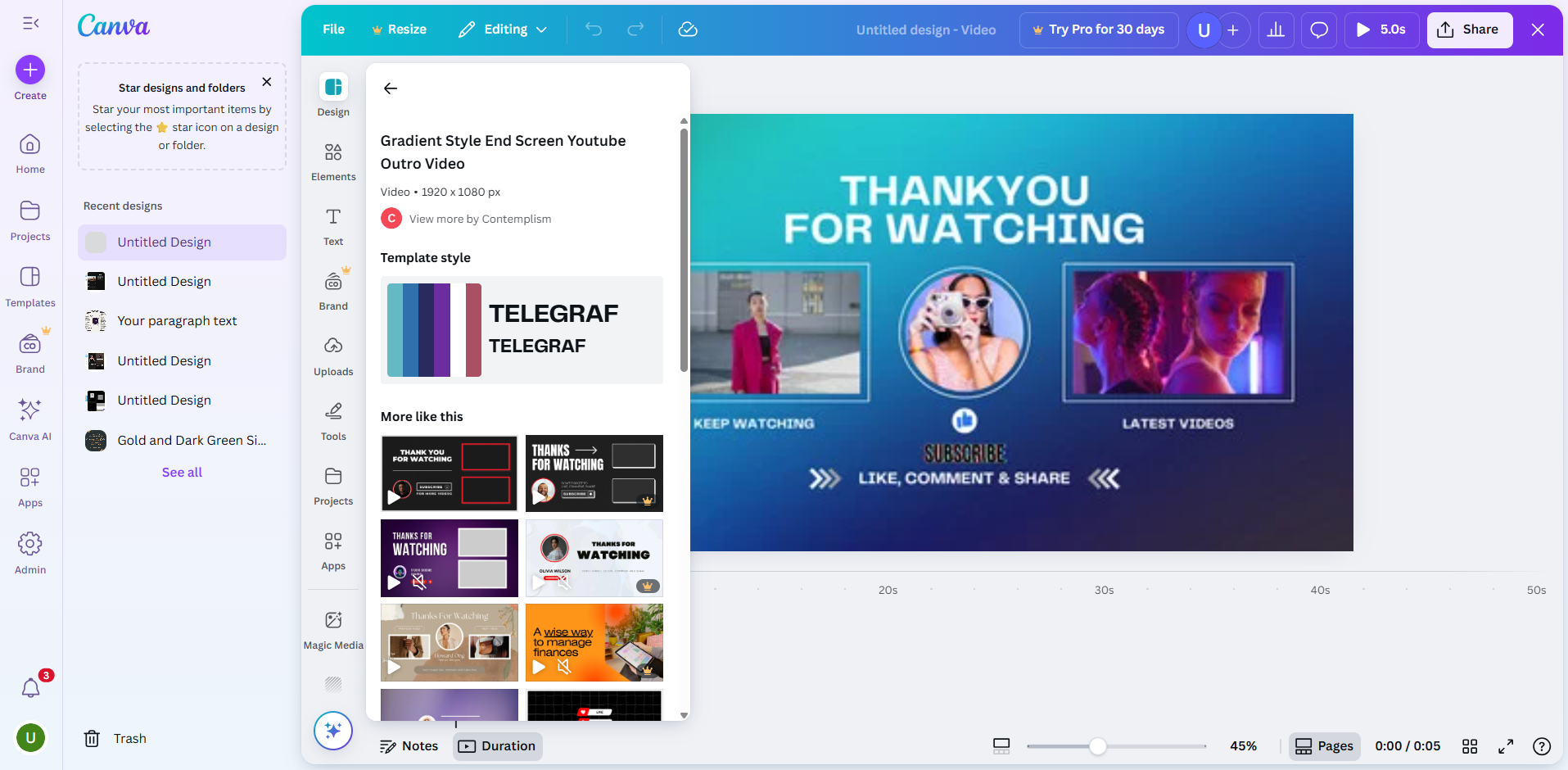 Interface of Canva - another tool to edit YouTube end screen templates