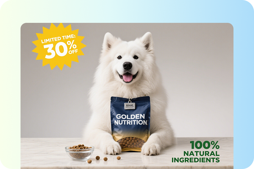 Cheerful dog promoting a pet brand in a playful video.