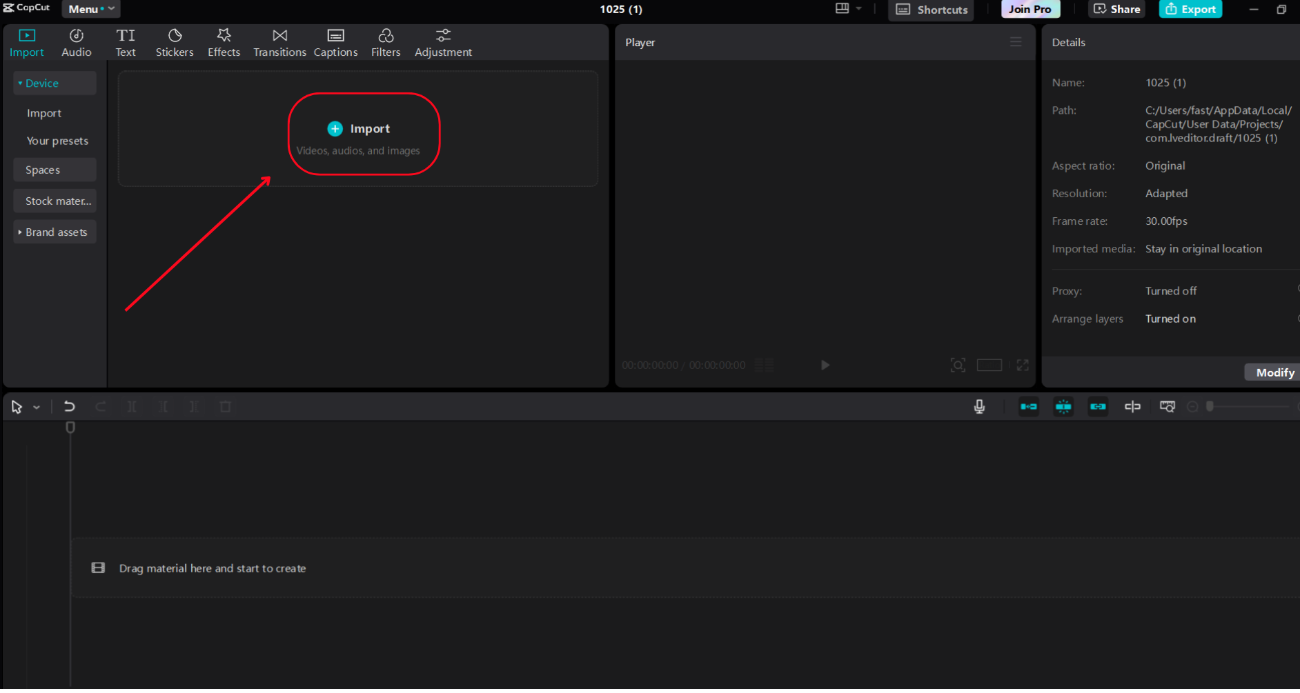 Import your primary video to add an image overlay on CapCut PC