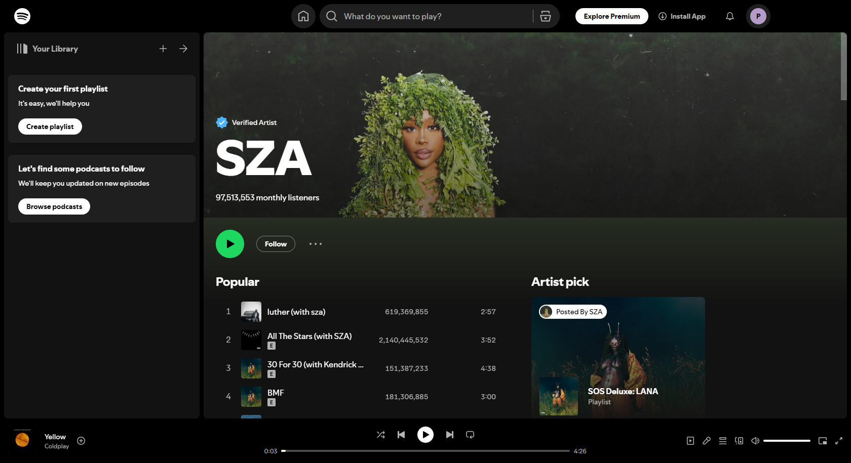 Interfaccia SZA Spotify