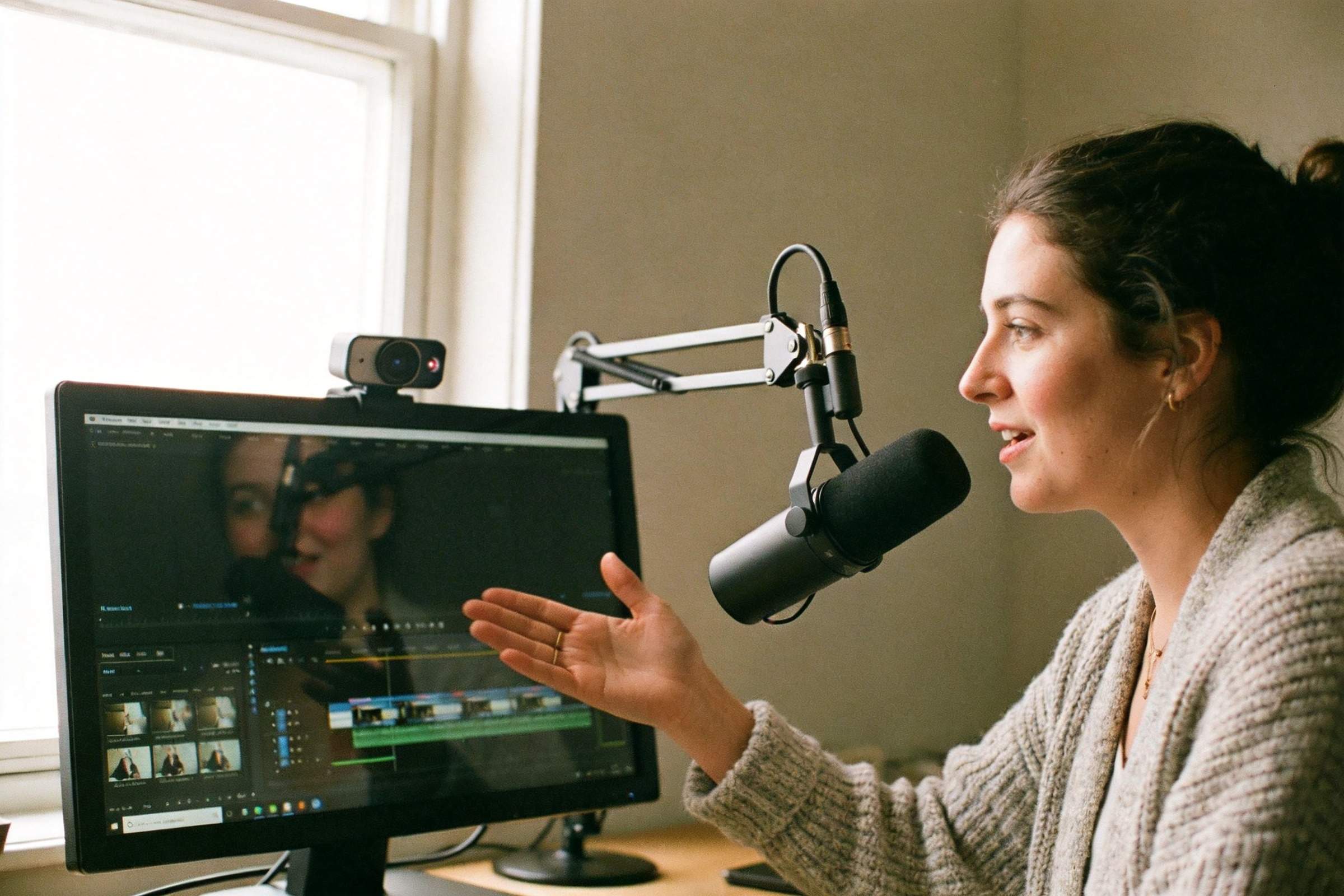 Woman speaking into a microphone while recording her screen and webcam at a desk