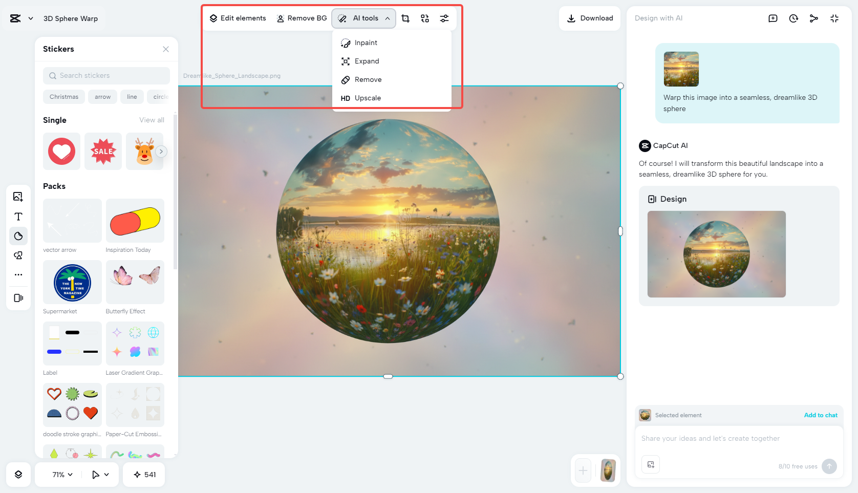 Enhancing the photo with AI tools in CapCut