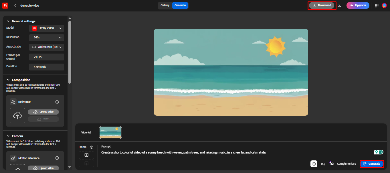 Generating and downloading the video from Adobe Firefly.